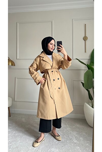 Nsade Ensade Belted Oversize Lined Seasonal Cotton Gabardine Long Jacket