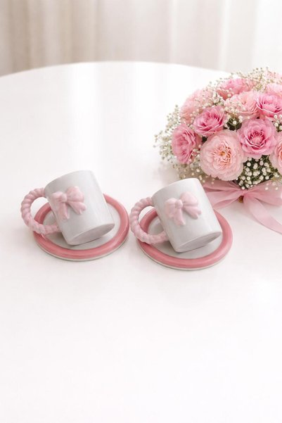 Dİ TAZZA Di Tazza_El Made Two-Person Four-Piece Set_Pink-With Bow 110ml Coffee Cup