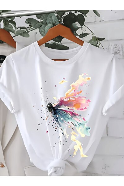 one button تي شيرت أنيق ملون مطبوع عليه فراشات فاخرة كبيرة الحجم