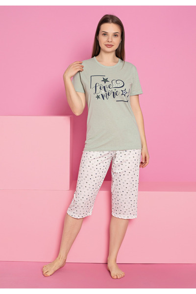RİNDA Γυναικεία βαμβακερή πυτζάμα - Μπλουζάκι και παντελόνι 3/4, με στάμπα LOVE