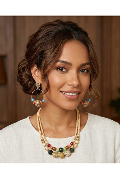 cleopatra takı aksesuar Hera Bohemian Natural Stone Ethnic Design Cream Color...