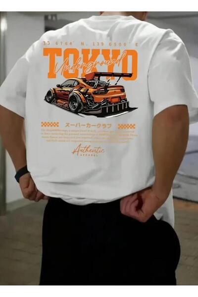 Lario Men's Orange Sports Car Graphic T-Shirt Tokyo Printed Oversized Short S...