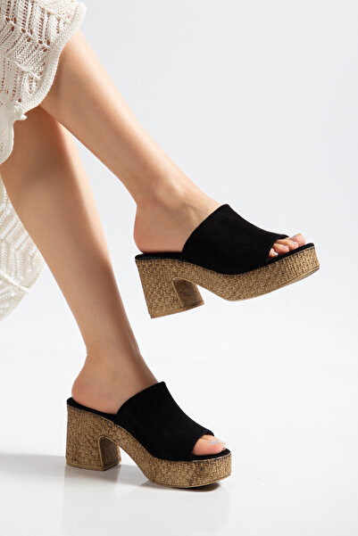 BAHRİNA Women's Black Suede Trendy Heeled Stylish Platform Slippers