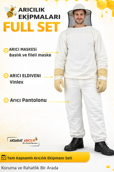 Aksaray Arıcılık Arıcı Maskesi Kıyafeti Full Set Maske + Eldiven + Pantolon (...