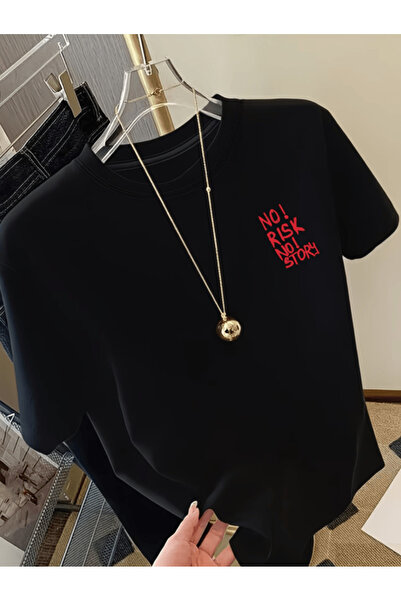 one button Mini No Risk No Story Printed Premium Oversize T-Shirt