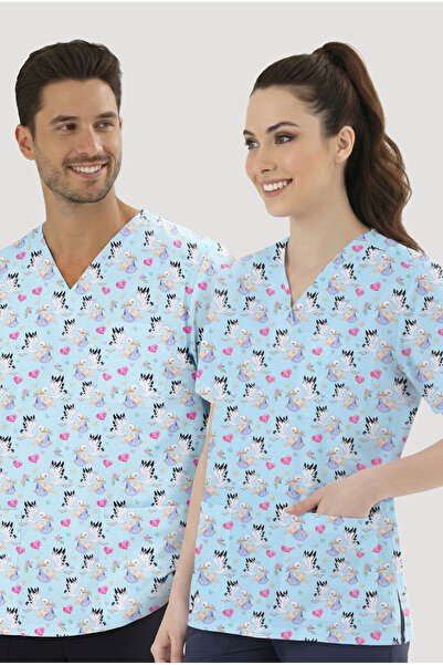 ÇİZGİ MEDİKAL قميص مفرد منقوش بنمط البراغي (قماش قطني ليكرا)