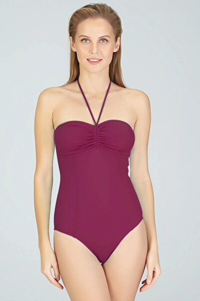 MODA Wine Color Gathering Strapless Swimsuit