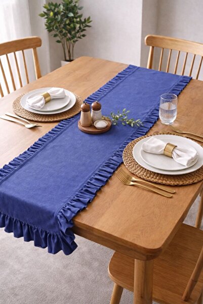 DeLavinDa Natural Fırfırlı Vintage Lacivert Runner Ranır 40x110 Cm