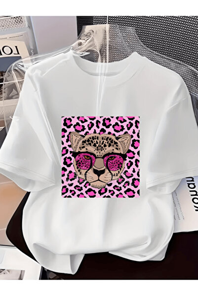 one button تيشيرت فاخر كبير الحجم بنمط النمر الوردي المطبوع مع نظارات النمر