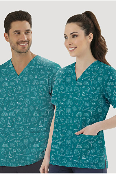 ÇİZGİ MEDİKAL قميص علوي مزين بنقوش كلينيكال لاينز (قماش قطني ليكرا)