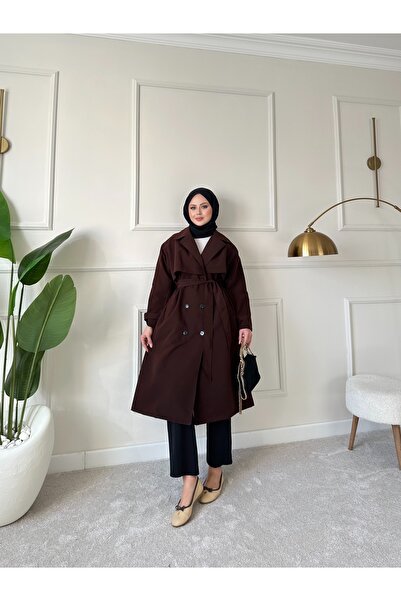 Nsade Ensade Belted Oversize Lined Seasonal Cotton Gabardine Long Jacket