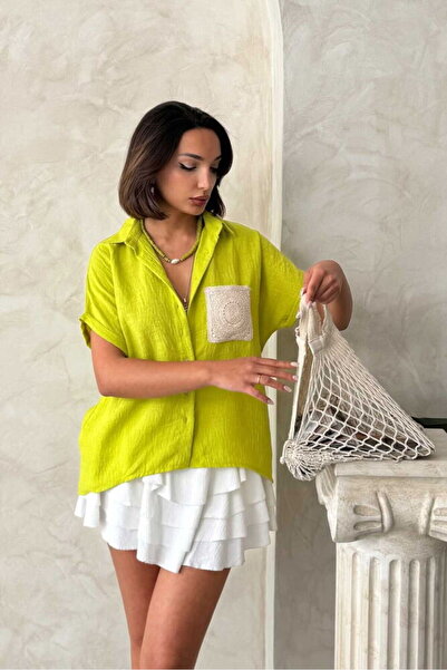 VERYMODA Fıstıkyeşili Keten Ham Cep Aplik Cepli Keten Gömlek | D2360