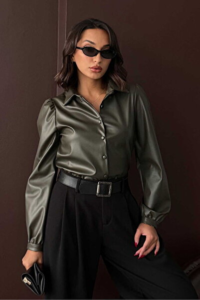 VERYMODA Faux Leather Shirt - Khaki |   F2044