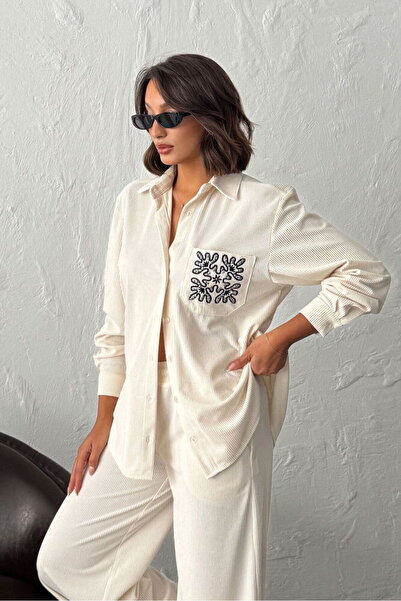 VERYMODA Embroidered Pocket Corduroy Shirt Cream |   F1997