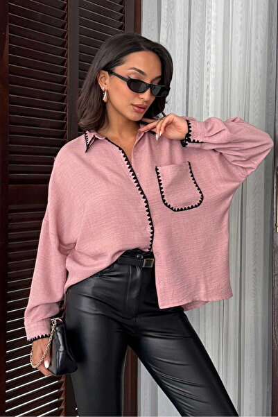 VERYMODA Μαύρο λινό πουκάμισο σε στυλ πούδρας με κεντημένες τσέπες |   F1666