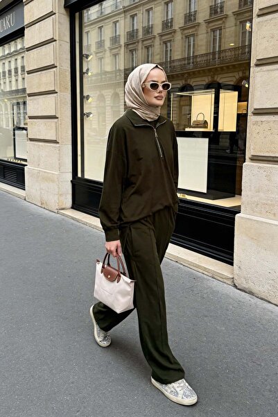 Aselim Hijap Moda Flowy Silky Soft Flowing Draped Fabric Double Suit-Khaki Green