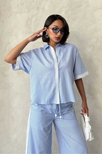 VERYMODA Guipure Detailed Striped Shirt - Blue |   D2867