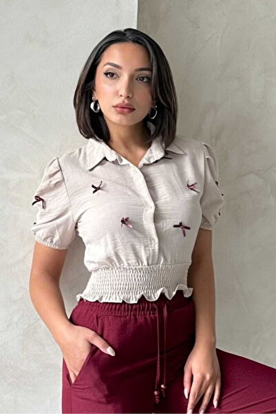 VERYMODA Λινό πουκάμισο με φιόγκο - Πέτρινο |   D2409