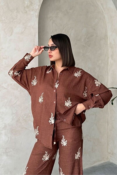 VERYMODA Cămașă din in cu detalii brodate - Maro |   F1713