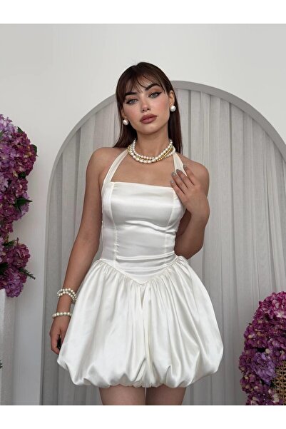 YURELİ Halter Yaka Balon Etek Mini Abiye Elbise