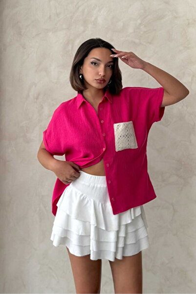 VERYMODA قميص كتان فوشيا خام مع جيوب جانبية |   D2360