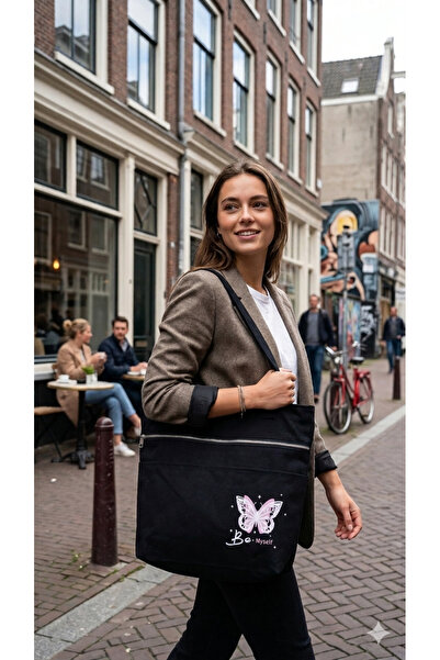 RMY MODA Eco-Friendly Canvas Tote Bag with Butterfly Pattern and "Be" Letteri...