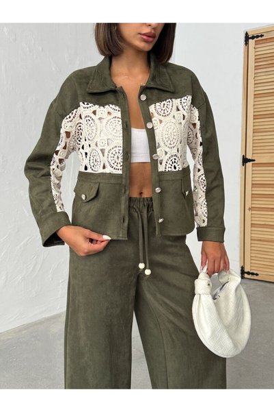 VERYMODA Lace Detailed Suede Look Women's Shirt Jacket - Khaki |   F1957 - Khaki
