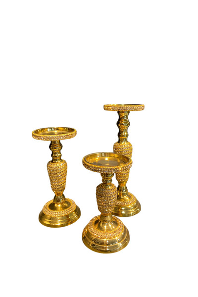 mysecrethome 3’lü Gold Şamdan Seti Kristal Taşlı Döküm Şamdan 30-25-20 cm Mum...