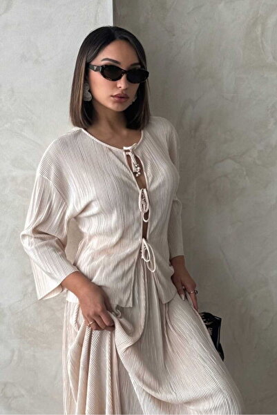 VERYMODA Front Tie Pleated Shirt - Stone |   F1739