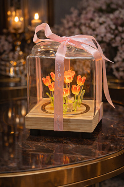 Gift LAB Lighted Glass Rose Flower Box with Wooden Base - Luxury Decor and Gi...