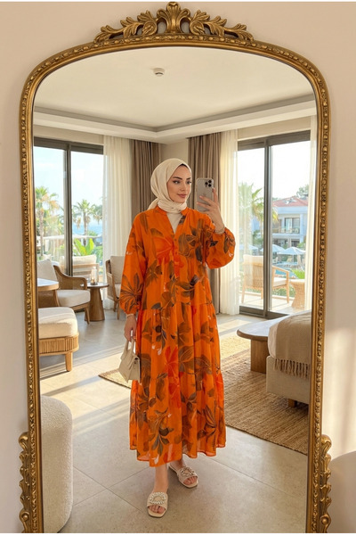 Kirazca Butik Γυναικείο φλοράλ φόρεμα χιτζάμπ με διπλό γιακά