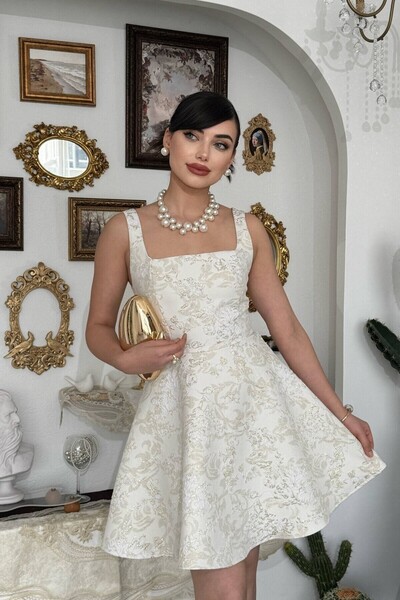 YURELİ Saten Jakarlı Tasarım Kloş Askılı Prenses Kadın Elbise