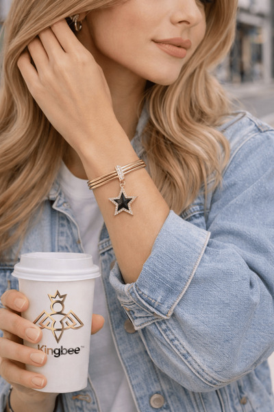 King Bee Venus Series Women's Gold Color Triple Ring Bracelet - Black Enamel Zircon Stone Star Figured Bracelet