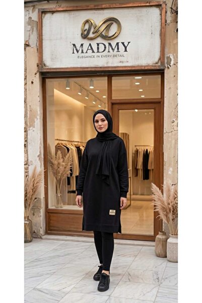 Madmy Kadın Tesettür Siyah Oversize Tunik Uzun Salaş Rahat Günlük Kombinlik