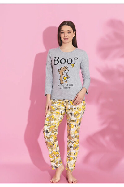 Miss Lale Pijama Γυναικεία γκρι μακρυμάνικη πυτζάμα με μακρύ παντελόνι, με στ...