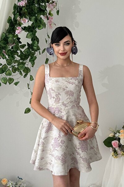 YURELİ Saten Jakarlı Tasarım Kloş Askılı Prenses Kadın Elbise