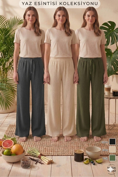 Modaley Giyim Women's Seersucker Textured Loose-Fit Pants - High Waist, Wide ...