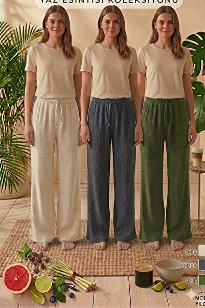 PİERLES Women's Seersucker Textured Loose-Fit Pants - High Waist, Wide Legs, ...