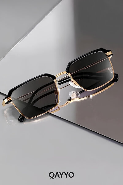 QAYYO Accessories Flow Metal Square Black Gold Frame Unisex Uv400 Sunglasses