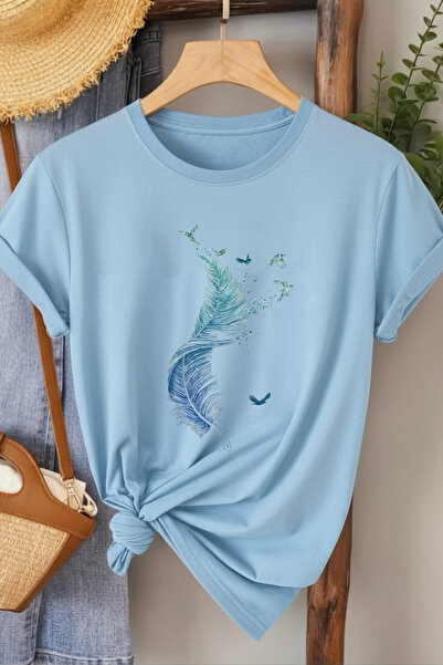 l'eivor تي شيرت نسائي مطبوع بتصميم ريش الطيور