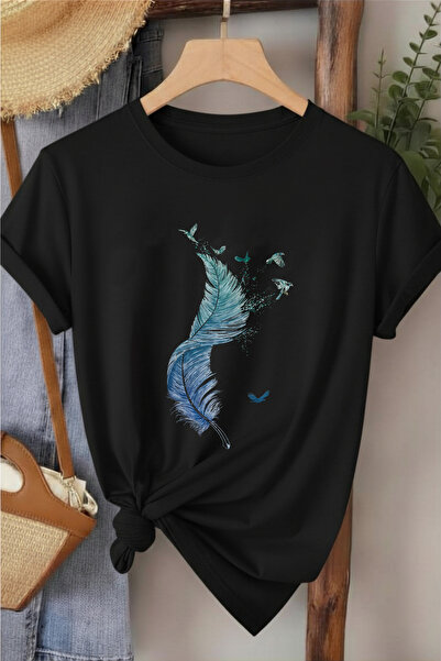 l'eivor تي شيرت نسائي مطبوع بتصميم ريش الطيور