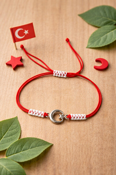 Crystal Atelier Red and White String Bracelet with Steel Moon and Star Detail...