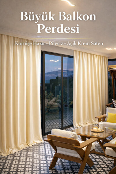 Krem Saten Güneşlik Perde | Pilesiz Düz Model | Kornişe Hazır | Balkon & Geniş Alanlar İçin