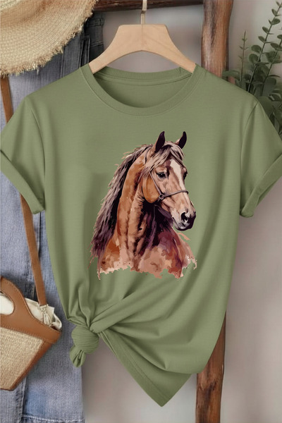 l'eivor Horse Printed Women's Beige Cotton T-Shirt