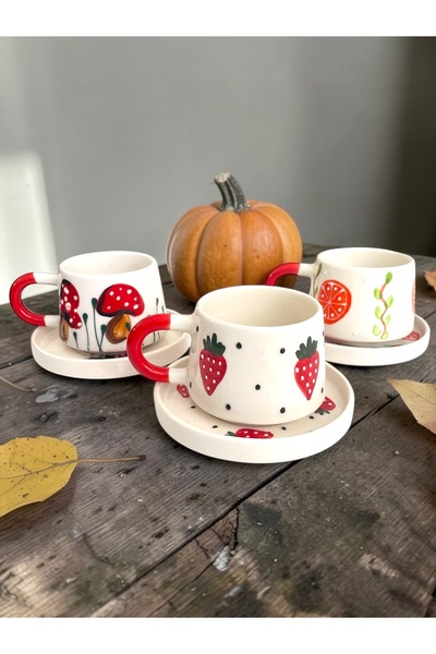 Artistic Quality Decorative Fruit - Plant Figured Tea and Coffee Cup Set - 3-...