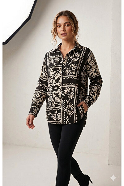 Mess Trend Tarzınla Fark Yarat Women's Black and White Patterned Oversize Shi...