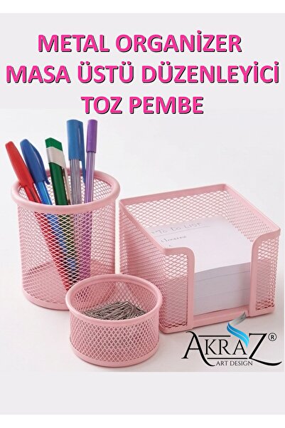 Akraz Art Design MASA ÜSTÜ METAL ORGANİZER KALEMLİK SETİ 3'LÜ TOZ PEMBE