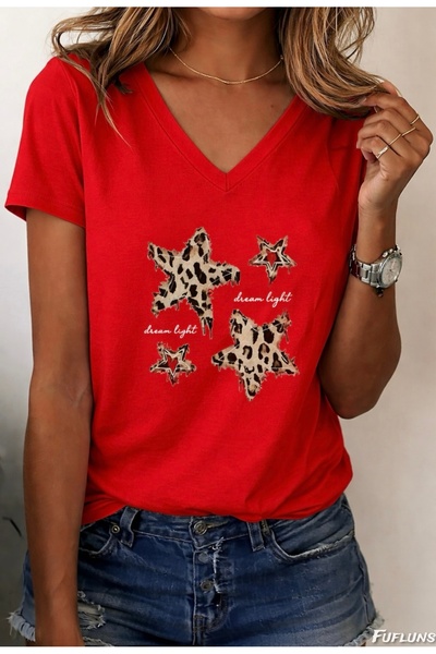 FUFLUNS Written Leopard and Stars Printed Women's Oversize V-Neck T-Shirt