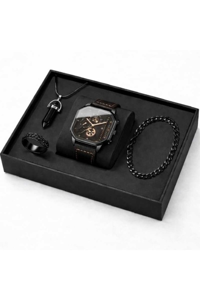 Geneva Platinum Set Cadou Bărbați Ceas Cuarț Negru + Brățară Cubană + Inel + ...