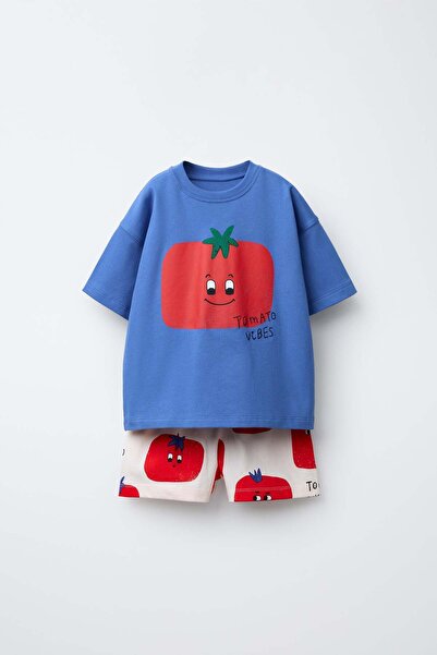 Mono Kids Unisex Çocuk Pamuklu Mavi Domates Baskılı T-Shirt Şort Takım